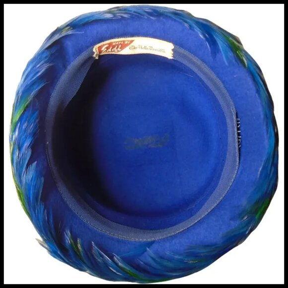 Vintage Hat + HATBOX Blue Green Feather High Fashion Modernist Bucket Hat - Picture 7 of 13